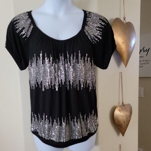 INC Short Sleeve Scoop Neck Shimmering Silver Studded Black Top size XL